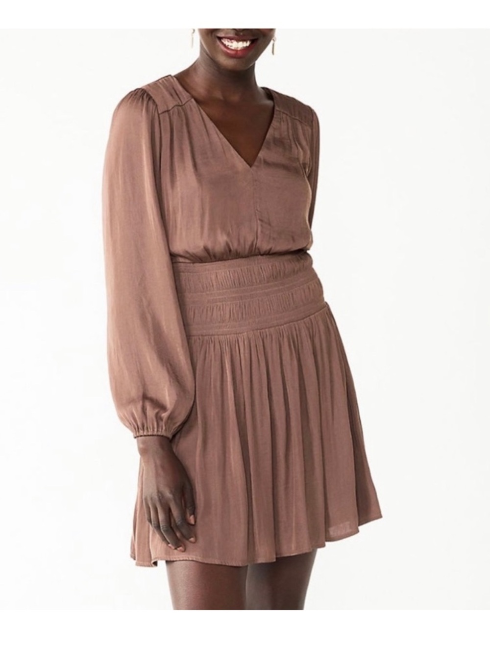 Nine West | Smocked Waist Dress Brown Long Sleeve V-Neck Flowy NWT Size L
